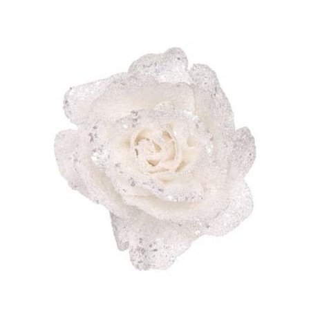 2x pieces white roses with glitter on clips 10 cm