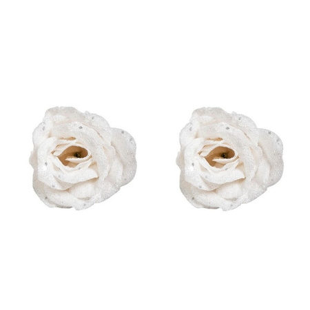 2x stuks witte decoratie rozen glitters op clip 7 cm