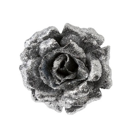 2x stuks zilveren decoratie rozen glitters op clip 12 cm