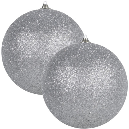2x Zilveren grote kerstballen met glitter kunststof 13,5 cm
