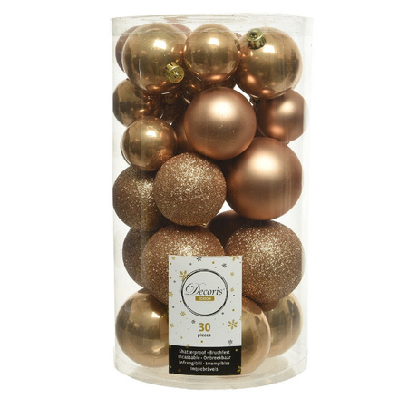 30x Camel bruine kerstballen 4 - 5 - 6 cm kunststof mat/glans/glans/glitter