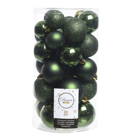 30x Kunststof kerstballen glanzend/mat/glitter donkergroen kerstboom versiering/decoratie
