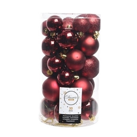 30x Kunststof kerstballen glanzend/mat/glitter donkerrode kerstboom versiering/decoratie