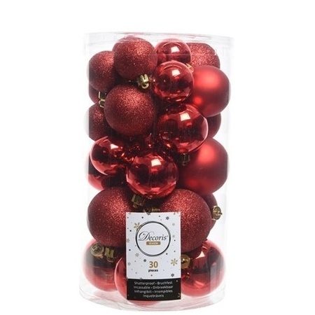 30x Kunststof kerstballen glanzend/mat/glitter rode kerstboom versiering/decoratie