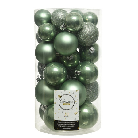30x Kunststof kerstballen glanzend/mat/glitter salie groen kerstboom versiering/decoratie