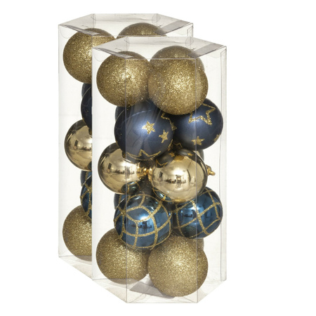 30x stuks kerstballen mix goud/blauw gedecoreerd kunststof 5 cm