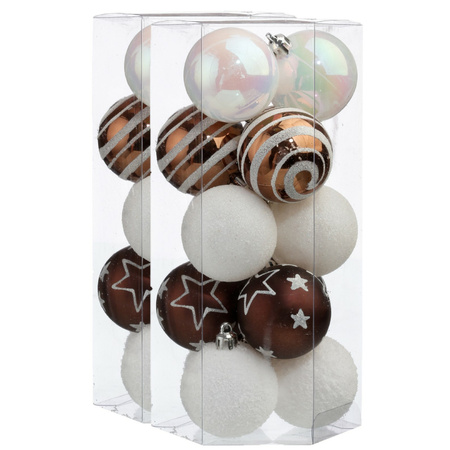 30x stuks kerstballen mix wit/bruin gedecoreerd kunststof 5 cm