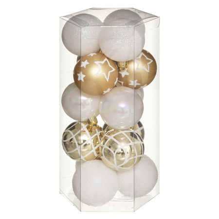 30x pieces christmas baubles mix white/gold decorated plastic 5 cm