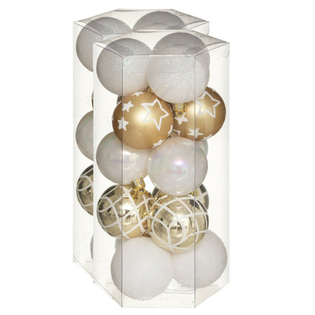 30x stuks kerstballen mix wit/goud gedecoreerd kunststof 5 cm
