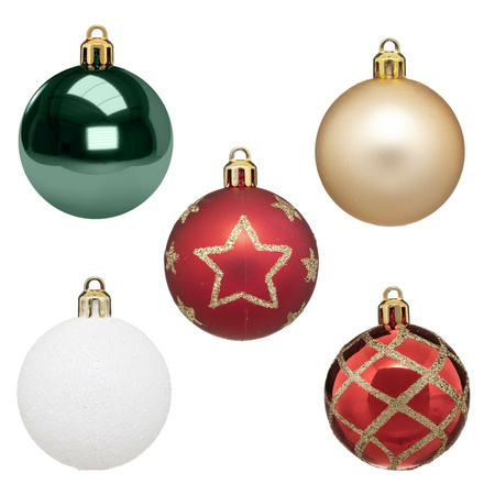 30x stuks kerstballen mix wit/rood/groen/champagne gedecoreerd kunststof 5 cm