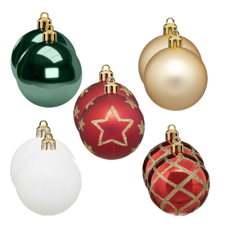 30x pieces christmas baubles mix white/red/green/champagne decorated plastic 5 cm