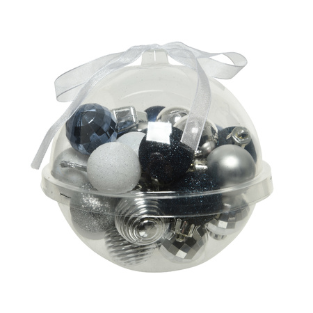 30x stuks kleine kunststof kerstballen donkerblauw/wit/zilver 3 cm