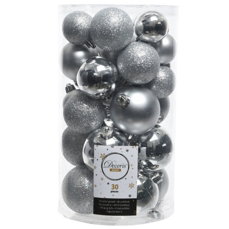 30x pcs silver christmas baubles 4-5-6 cm plastic matte/shiny/glitter