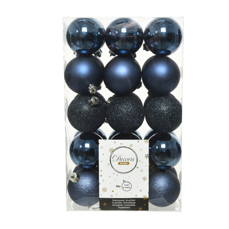 30x stuks kunststof kerstballen donkerblauw (night blue) 6 cm glans/mat/glitter