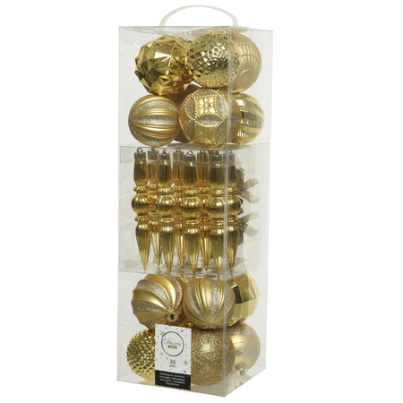 Decoris 30x stuks kunststof kerstballen en ornamenten met slinger goud