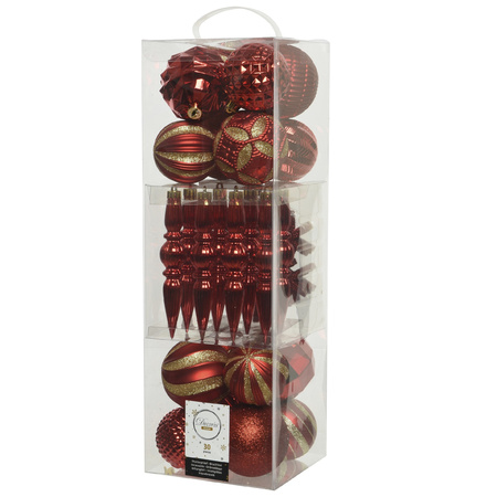 30x stuks kunststof kerstballen en ornamenten rood mix 