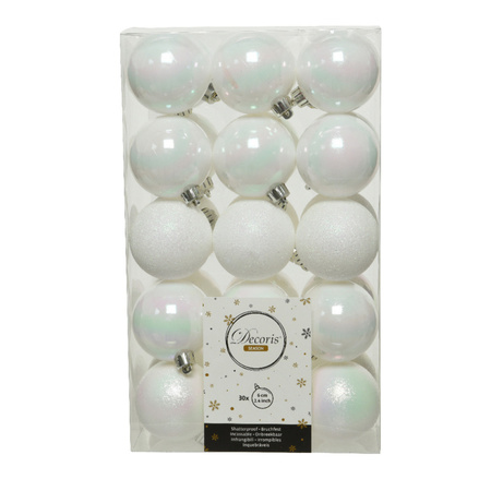 30x stuks kunststof kerstballen parelmoer wit (iris) 6 cm glans/mat/glitter