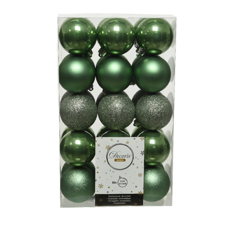 30x stuks kunststof kerstballen salie groen (sage) 6 cm glans/mat/glitter