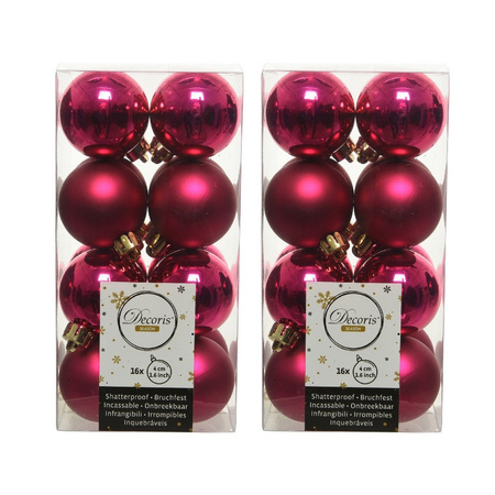 32x Kunststof kerstballen glanzend/mat bessen roze 4 cm kerstboom versiering/decoratie