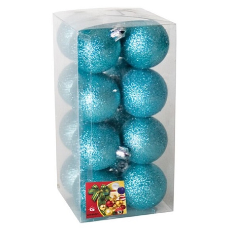 32x stuks kerstballen ijsblauw glitters kunststof 5 cm