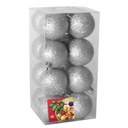 32x stuks kerstballen zilver glitters kunststof 5 cm
