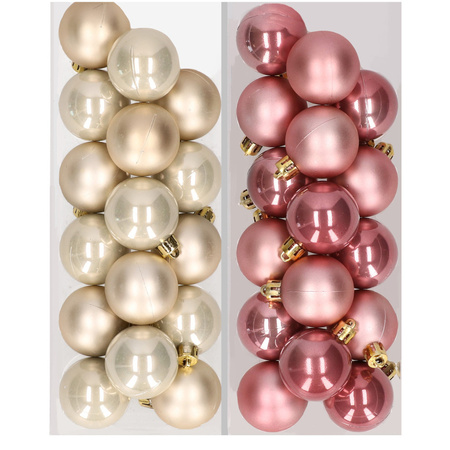 32x Christmas baubles mix champagne and dusty pink 4 cm plastic matte/shiny