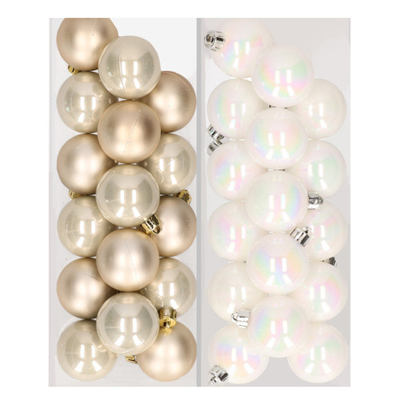 32x Christmas baubles mix champagne and pearlescent white 4 cm plastic matte/shiny