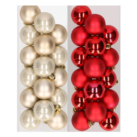32x Christmas baubles mix champagne and red 4 cm plastic matte/shiny