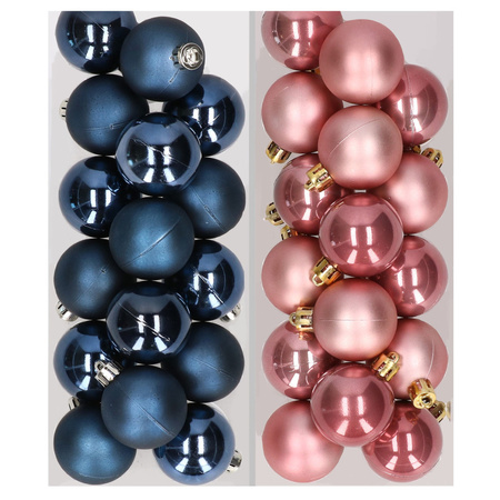 32x stuks kunststof kerstballen mix van donkerblauw en oudroze 4 cm