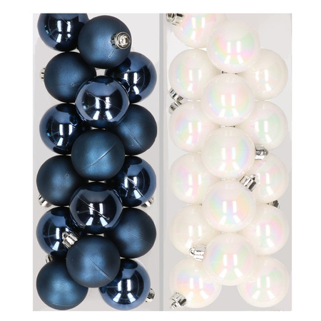 32x stuks kunststof kerstballen mix van donkerblauw en parelmoer wit  4 cm