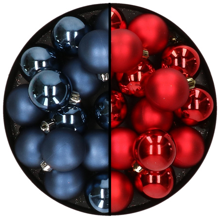 32x stuks kunststof kerstballen mix van donkerblauw en rood 4 cm