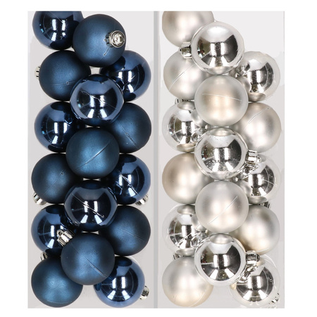 32x stuks kunststof kerstballen mix van donkerblauw en zilver 4 cm