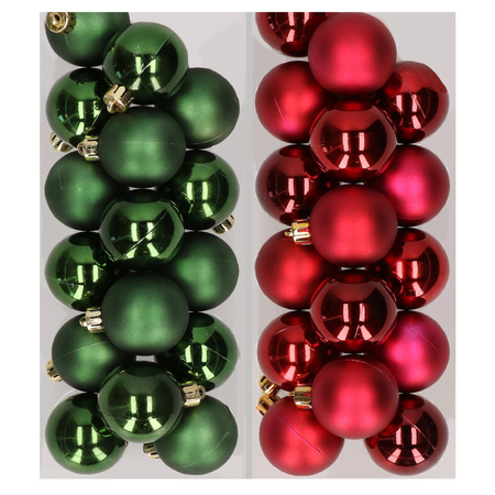 32x Christmas baubles mix dark green and dark red 4 cm plastic matte/shiny