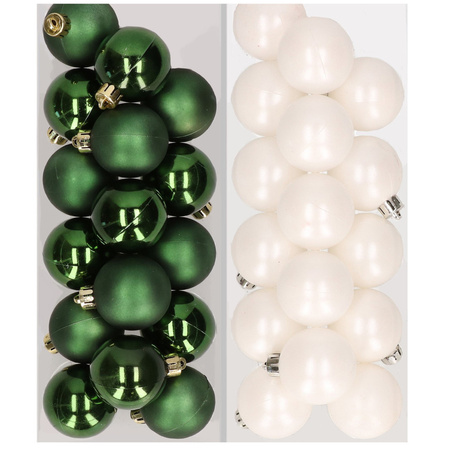 32x Christmas baubles mix dark green and white 4 cm plastic matte/shiny