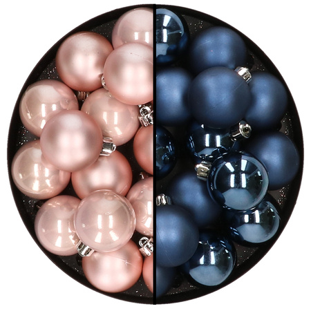 32x stuks kunststof kerstballen mix van lichtroze en donkerblauw 4 cm