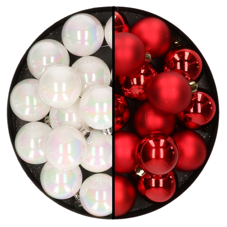 32x Christmas baubles mix pearlescent white and red 4 cm plastic matte/shiny