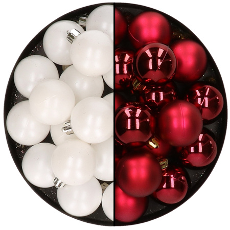 32x Christmas baubles mix white and dark red 4 cm plastic matte/shiny