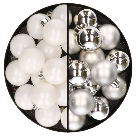 32x Christmas baubles mix white and silver 4 cm plastic matte/shiny