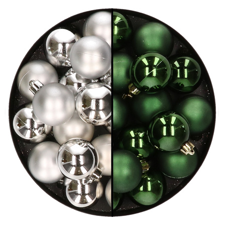32x Christmas baubles mix silver and dark green 4 cm plastic matte/shiny