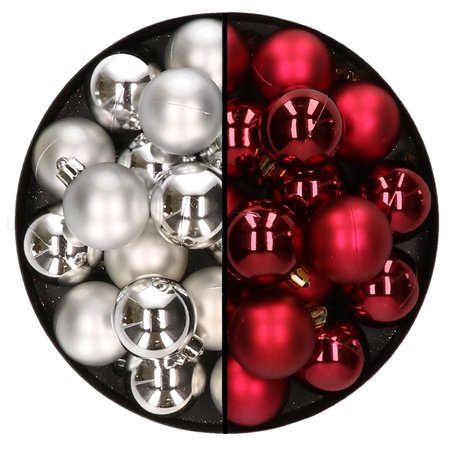 32x Christmas baubles mix silver and dark red 4 cm plastic matte/shiny