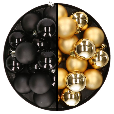 32x Christmas baubles mix black and gold 4 cm plastic matte/shiny
