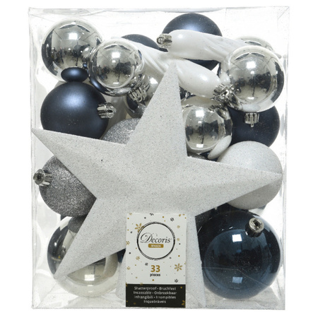 33x Kunststof kerstballen mix zilver/wit/blauw 5-6-8 cm kerstboom versiering/decoratie
