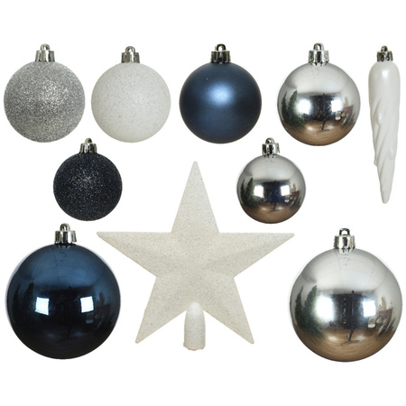 33x Kunststof kerstballen mix zilver/wit/blauw 5-6-8 cm kerstboom versiering/decoratie