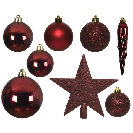 33x pcs plastic christmas baubles 5, 6 and 8 cm dark red including tree star topper and hooks