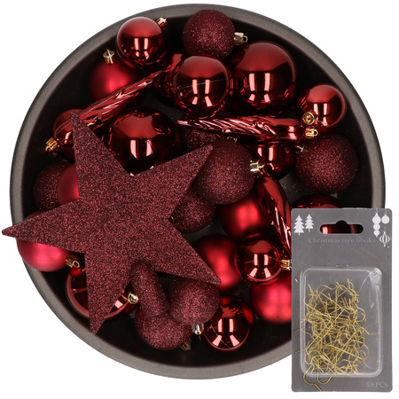 33x pcs plastic christmas baubles 5, 6 and 8 cm dark red including tree star topper and hooks