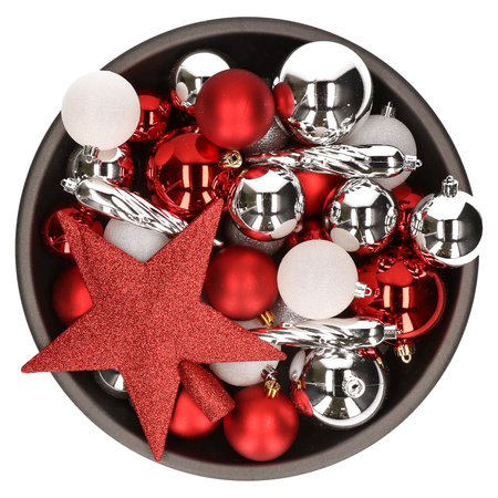 33x pcs plastic christmas baubles with startopper red/white/silver 5-6-8 cm including hooks