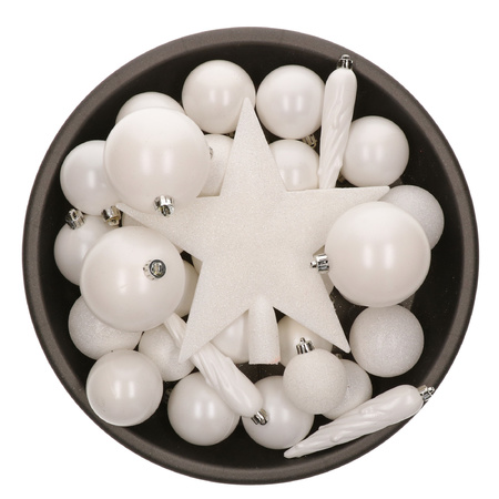 33x stuks kunststof kerstballen met piek 5-6-8 cm wit incl. haakjes