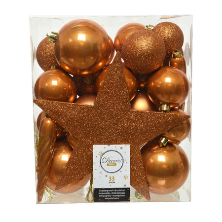 33x stuks kunststof kerstballen met ster piek cognac bruin (amber)