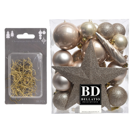 33x pcs plastic christmas baubles pearl champagne 5, 6 and 8 cm including tree topper and gold hooks