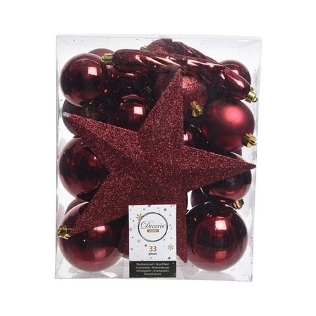33x stuks kunststof kerstballen met ster piek rood 5-6-8 cm mix
